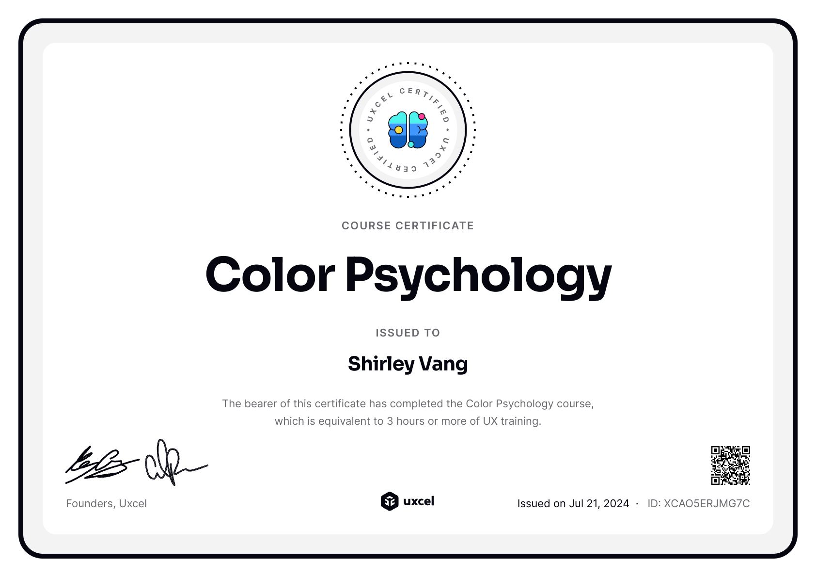 Shirley Vang's certificate